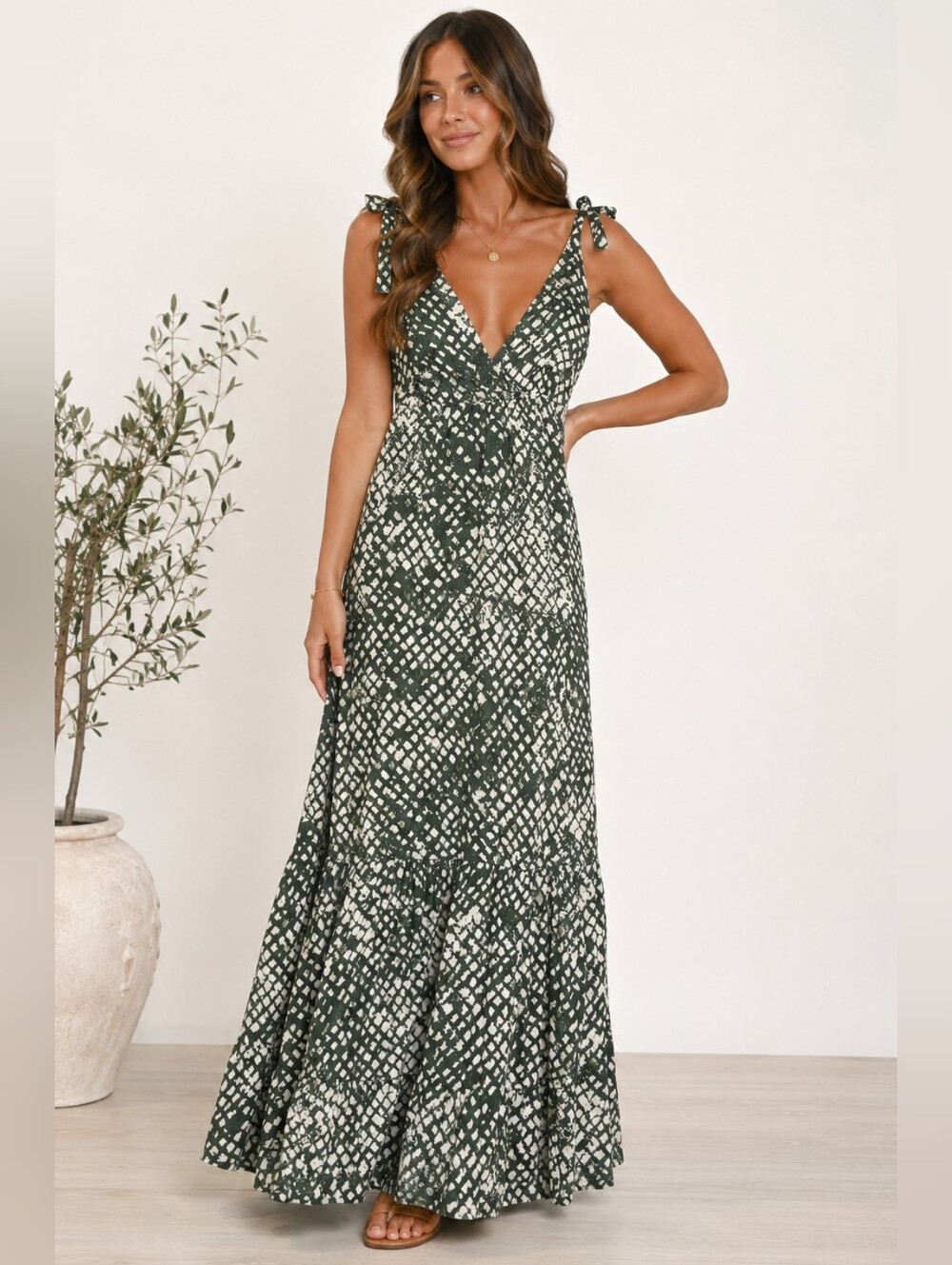 Bel Kazan Green Abstract Print Tie Strap Maxi Dress Size S Boho Resort